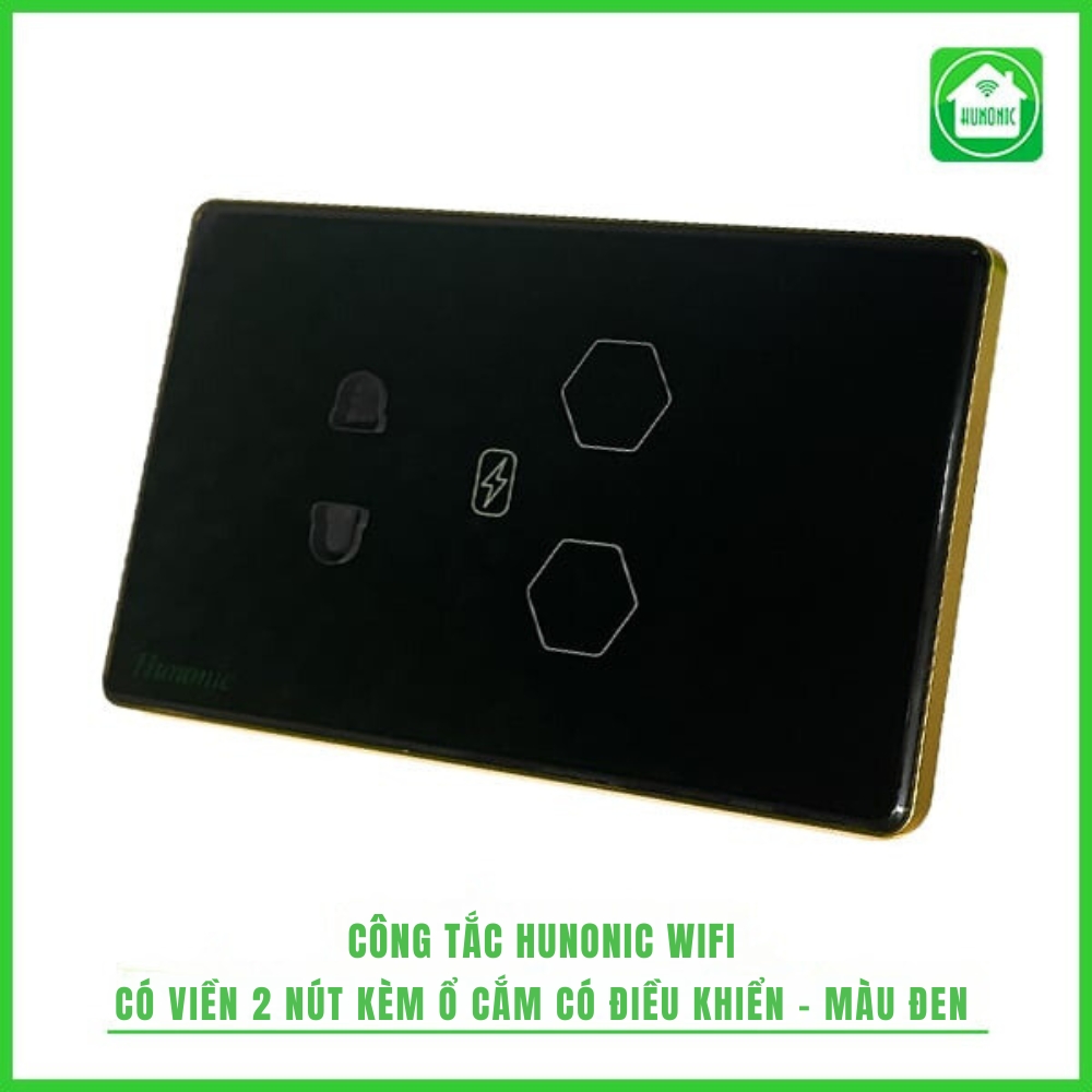 Công tắc cám ứng WiFi Hunonic 2 Nút 1 ổ, HCN (Đen) (HN02SMCD)