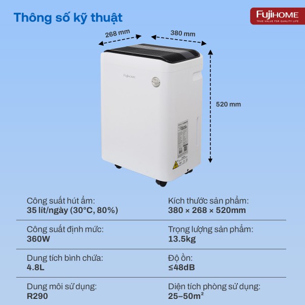 MÁY HÚT ẨM DÂN DỤNG FUJIHOME DH35W-HEPA