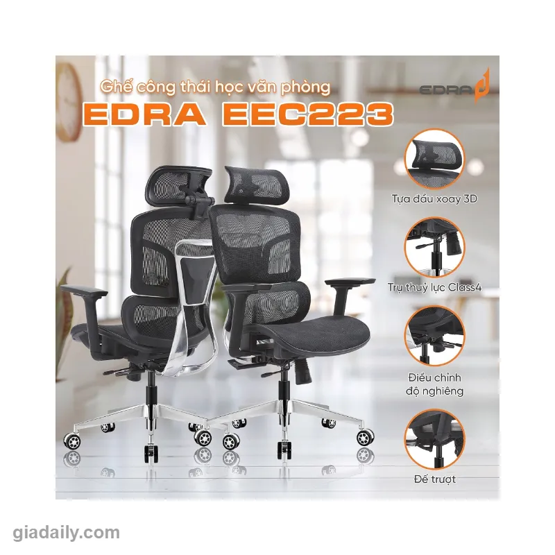 Ghế công thái học E-Dra EEC223 Đen (lưng lưới 2 mảnh, tay 3D) - Giá Đại Lý