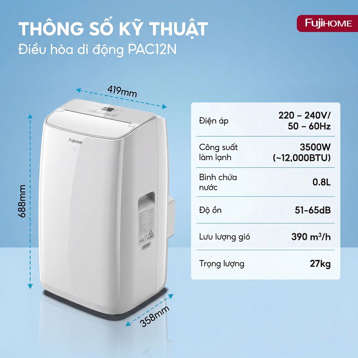 Điều hòa di động thế hệ mới, điều khiển thông minh – cửa gió lớn Fujihome PAC12N