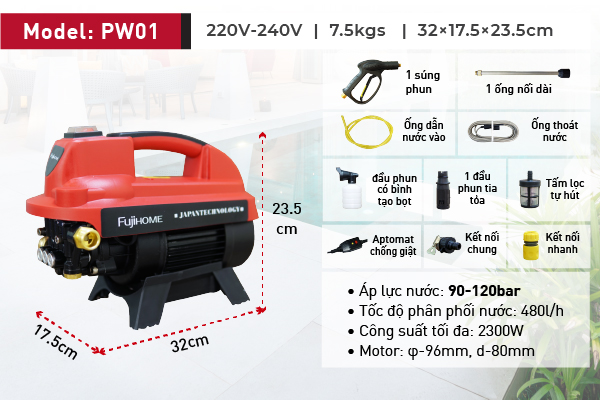 Máy Rửa Xe Mô Tơ Cảm Ứng Từ FujiHOME PW01