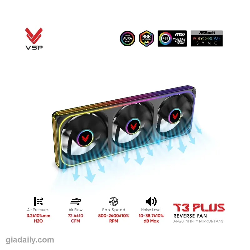 Quạt tản nhiệt VSP T3 PLUS Reverse Fan Đen (Cụm 3 quạt liền khối cánh ngược, ARGB Infinity Mirror) - Giá Đại Lý