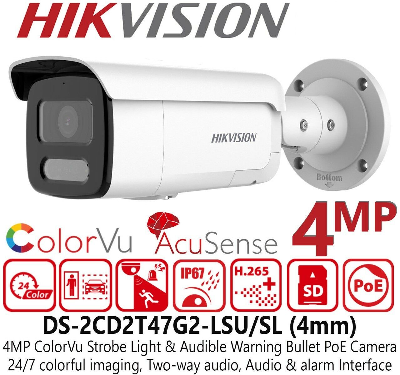 Camera IP ColorVu Hikvision (thân trụ) 4MP - CÓ MÀU 24/24 DS-2CD2T47G2-LSU/SL