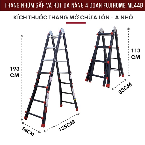 THANG NHÔM GẬP VÀ RÚT ĐA NĂNG 4 ĐOẠN FUJIHOME ML44B (MÀU ĐEN)
