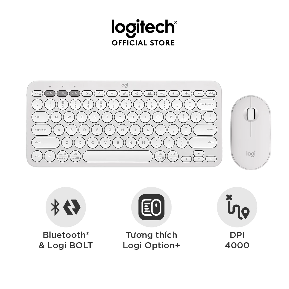 Pebble 2 Combo, Bàn phím Bluetooth Logitech K380s và chuột Logitech M350s (Trắng) (920-012188)