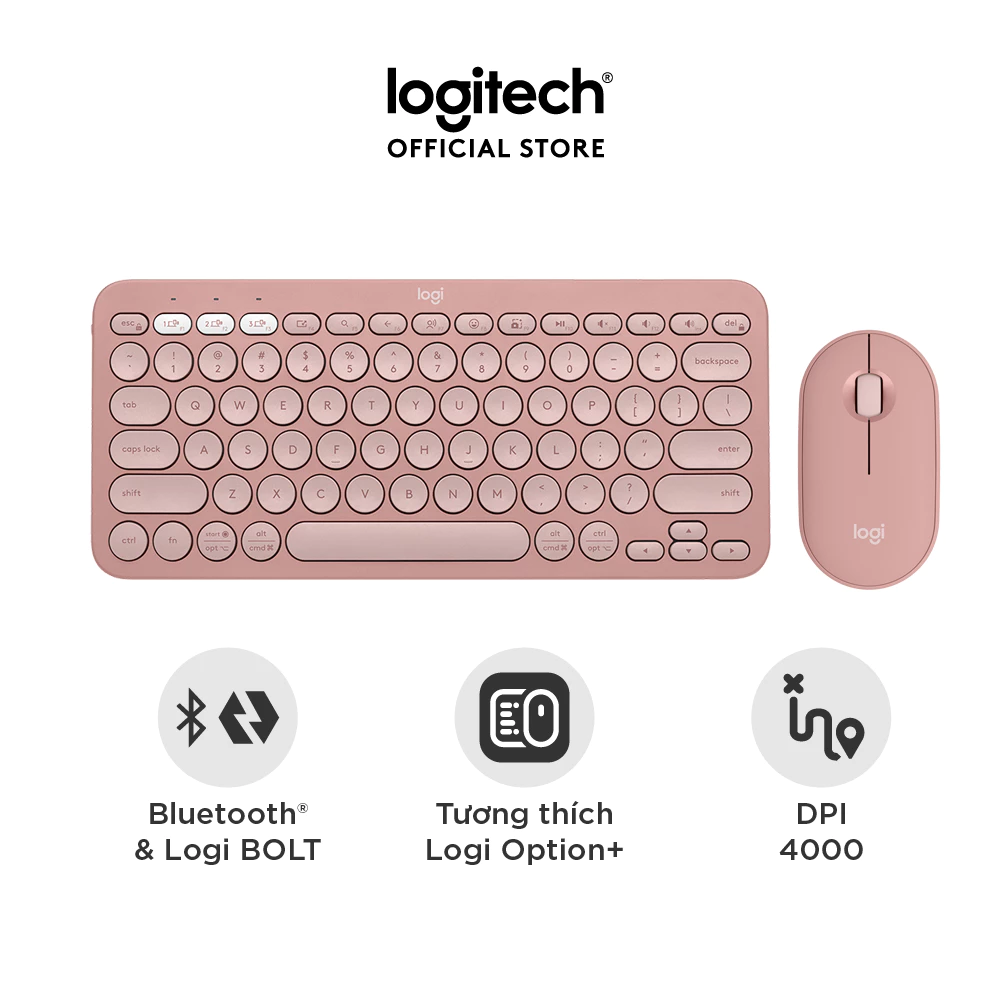 Pebble 2 Combo, Bàn phím Bluetooth Logitech K380s và chuột Logitech M350s (Hồng) (920-012189)