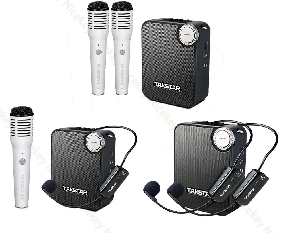 Loa trợ giảng E500W phiên bản sử dụng một micro không dây cài đầu và một micro không dây cầm tay