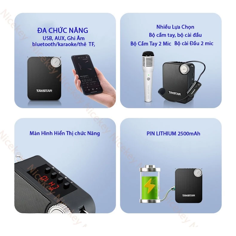 Loa trợ giảng E500W phiên bản sử dụng một micro không dây cài đầu và một micro không dây cầm tay