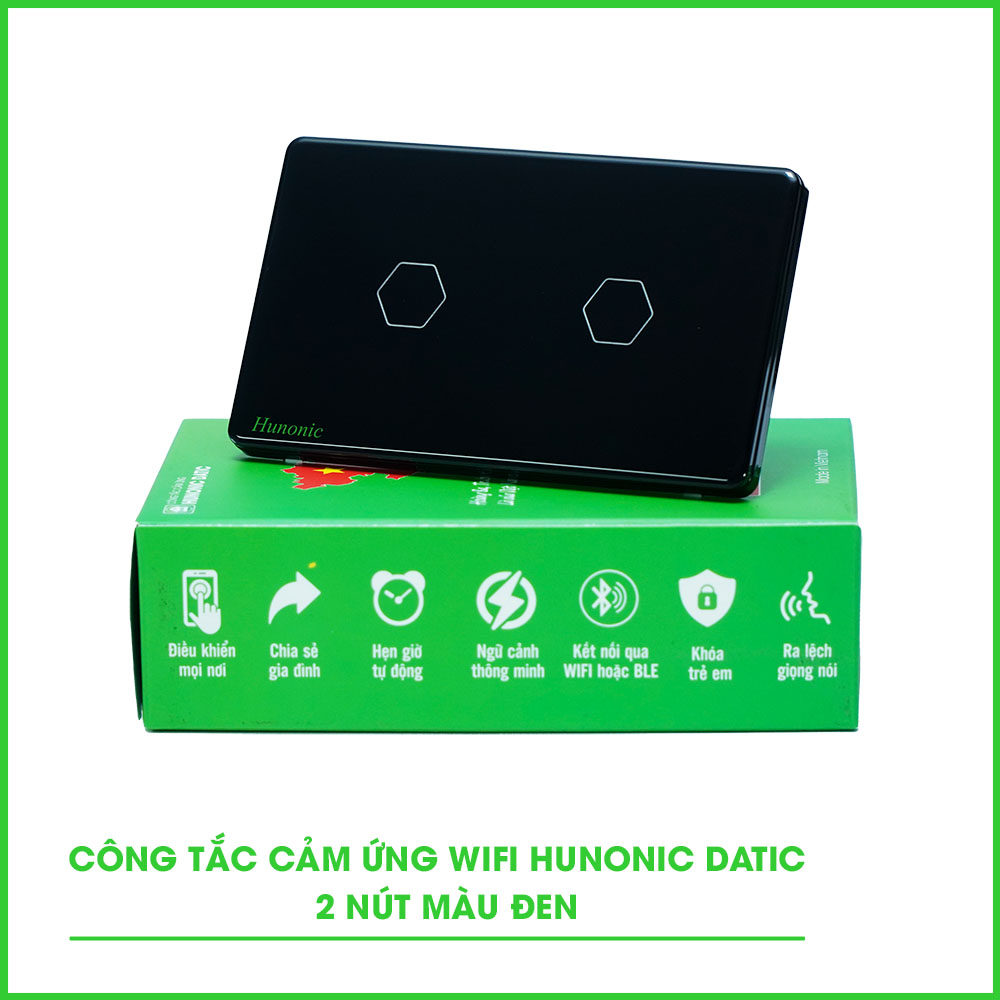 Công tác cám ứng WiFi Hunonic 2 Nút, HCN (Đen) (HN02SCD)