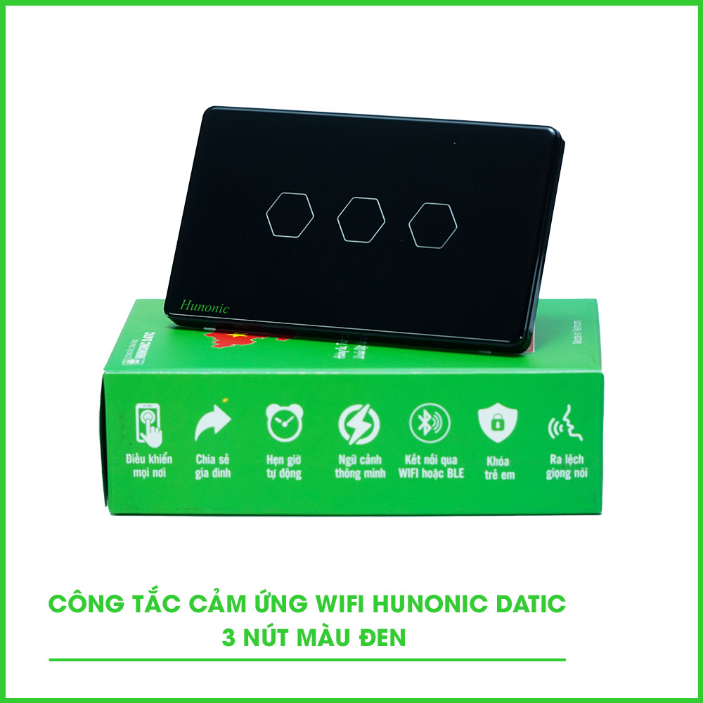 Công tắc cảm ứng WiFi Hunonic 3 Nút, HCN (Đen) (HN03SCD)