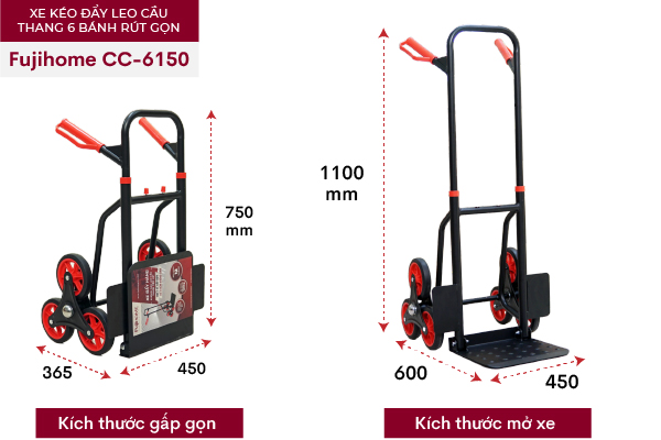 XE KÉO ĐẨY LEO CẦU THANG 6 BÁNH RÚT GỌN FUJIHOME CC-6150