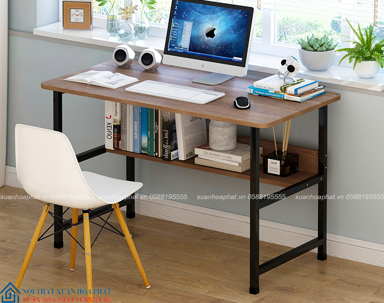 Bàn Làm Việc Chân Sắt 1m2 Có Kệ Dưới BLV_01