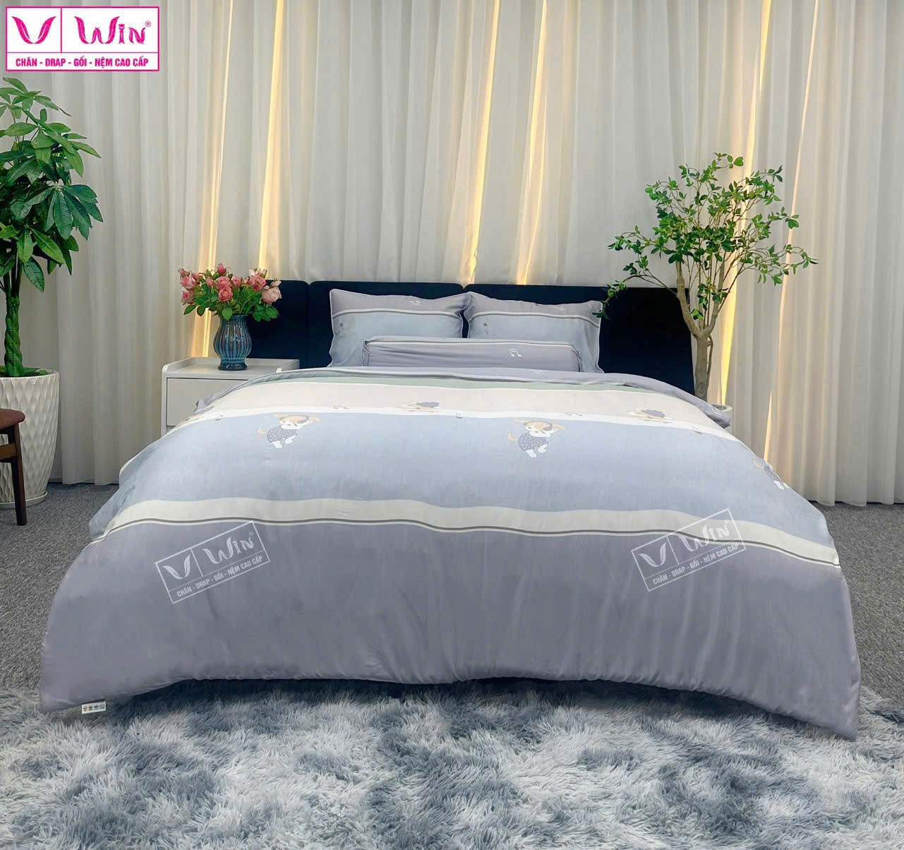 BỘ DRAP LỤA TENCEL 5 MÓN THẮNG LỢI HOẠ TIẾT