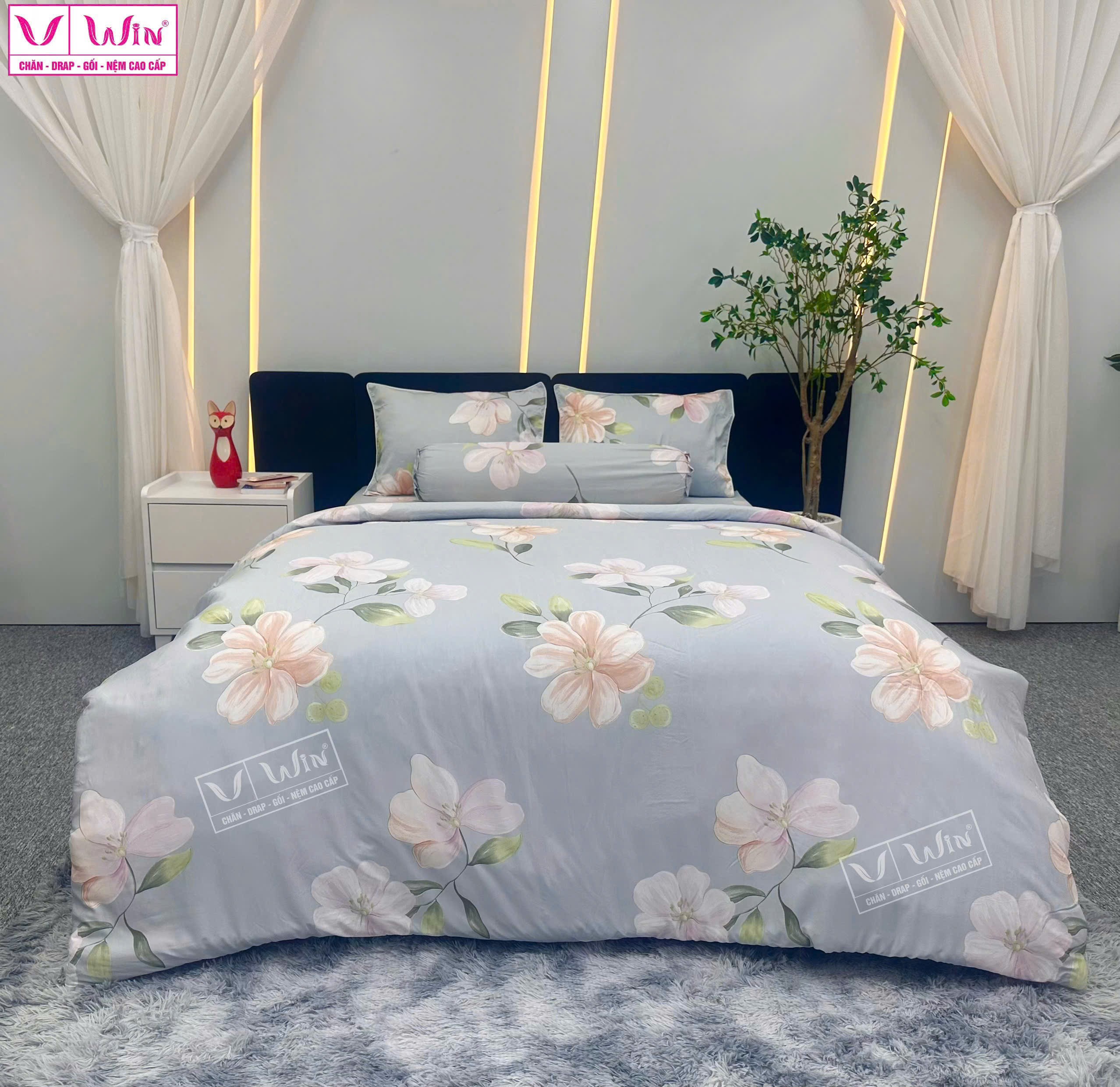 BỘ DRAP LỤA TENCEL 5 MÓN THẮNG LỢI HOẠ TIẾT