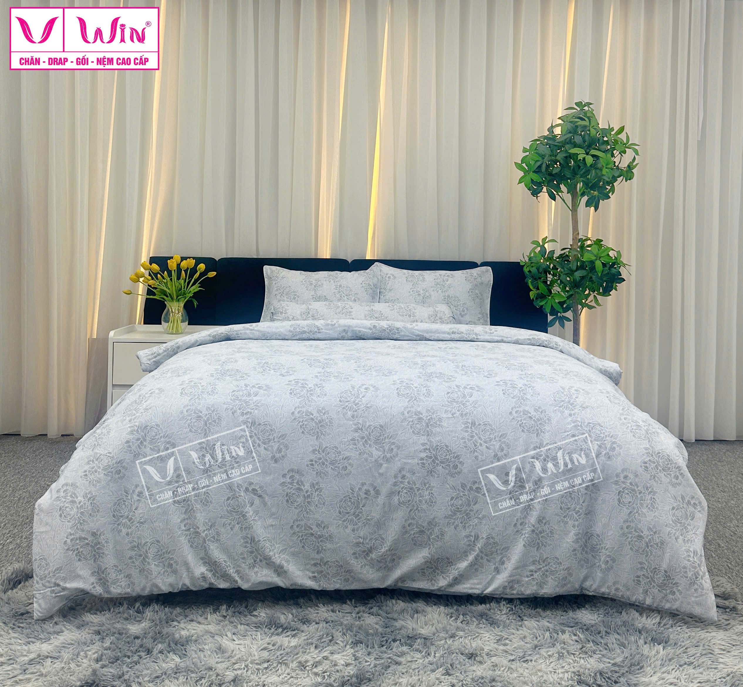 BỘ DRAP LỤA TENCEL 5 MÓN THẮNG LỢI HOẠ TIẾT