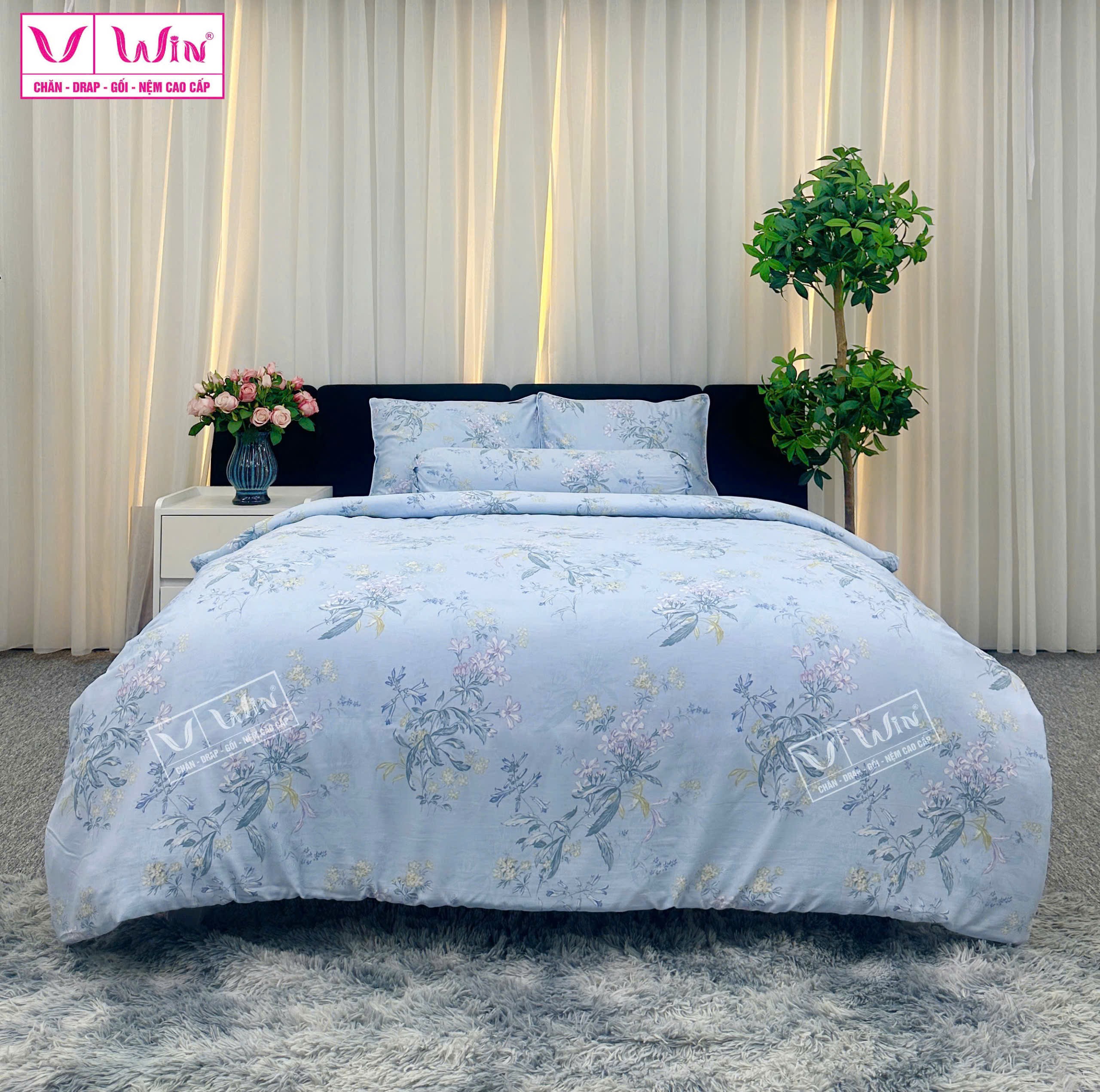 BỘ DRAP LỤA TENCEL 5 MÓN THẮNG LỢI HOẠ TIẾT