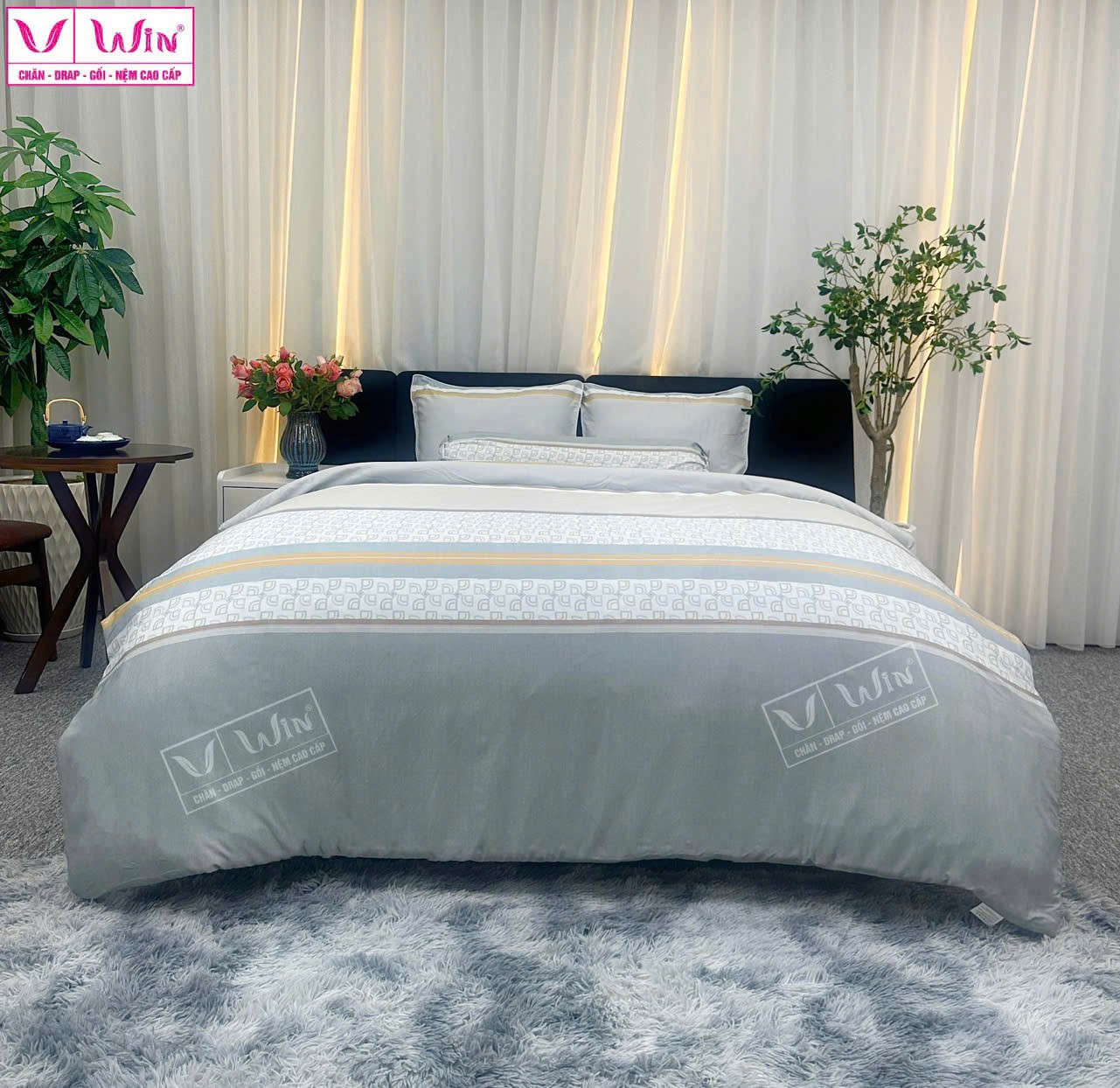 BỘ DRAP LỤA TENCEL 5 MÓN THẮNG LỢI HOẠ TIẾT