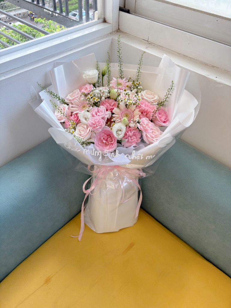 Bó hoa phăng mix đồng tiền tone hồng SP000019