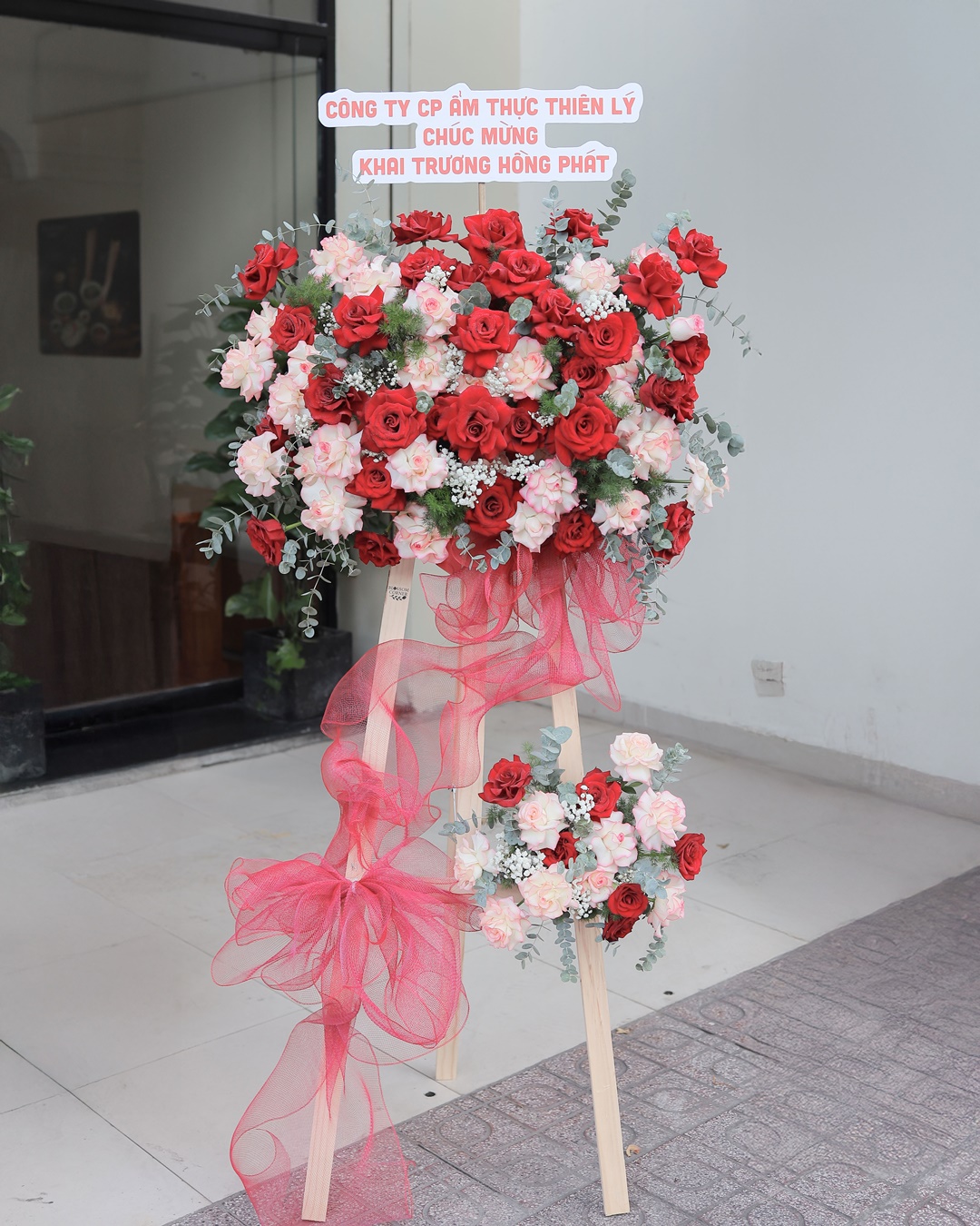 Kệ Hoa Khai Trương đỏ – hồng pastel Hồng Phát Rực Rỡ