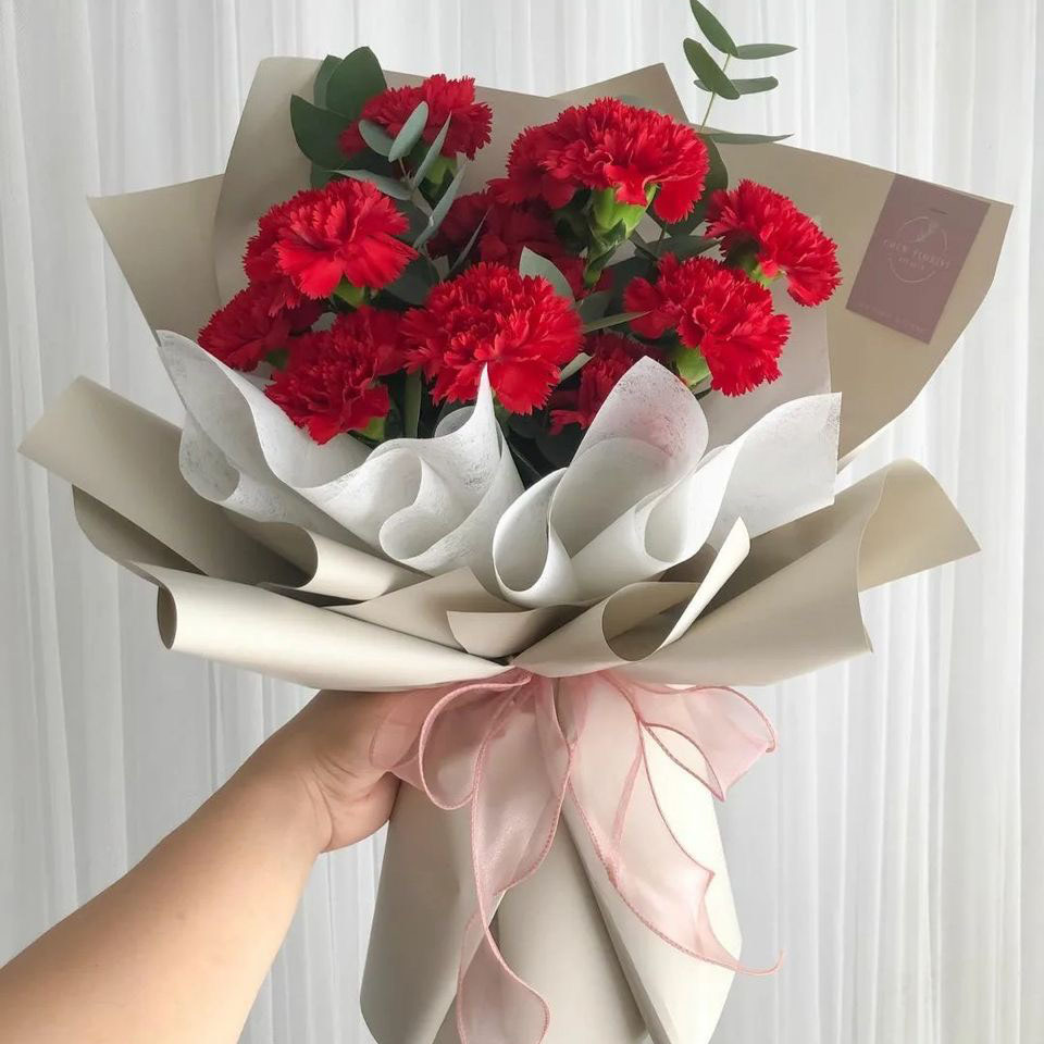 Bó hoa Phăng/Cẩm Chướng đỏ mix Lá Bạc
