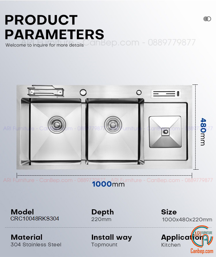 Chậu Rửa Chén 100x48cm Rổ Dao Thớt Dày 3.5mm - inox 304