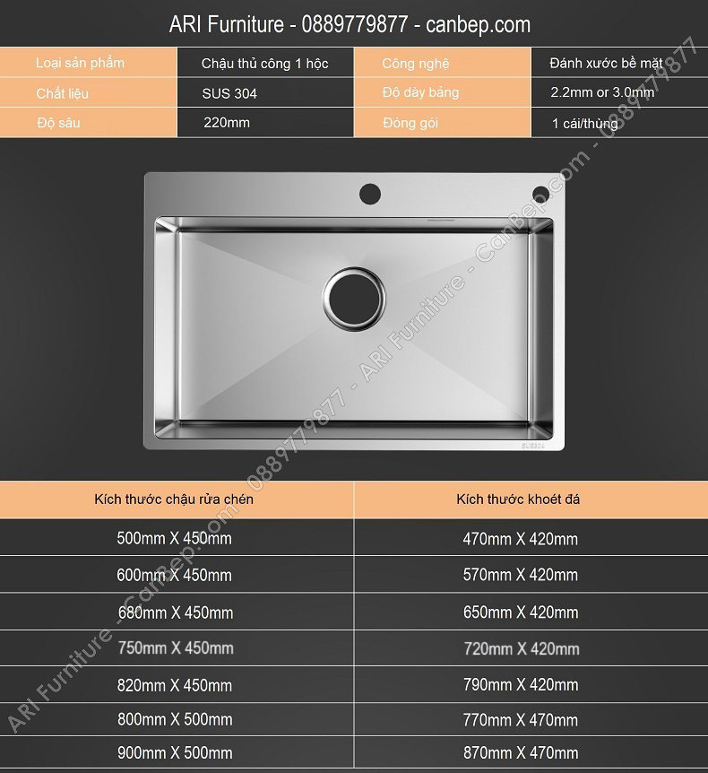 Chậu Rửa Chén 90x50cm 1 Hộc Dày 3.0mm - inox 304