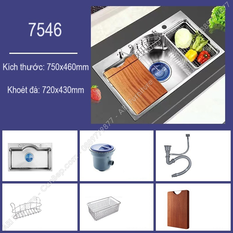 Chậu Rửa Chén 75x46cm Rổ Thớt Dày 3.0mm - inox 304