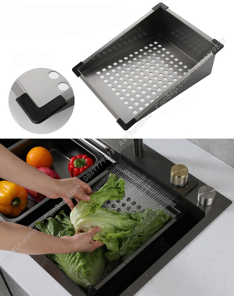 Chậu Rửa Chén 78x46cm Vòi Thác Dày 3.0mm - inox 201 Nano Đen