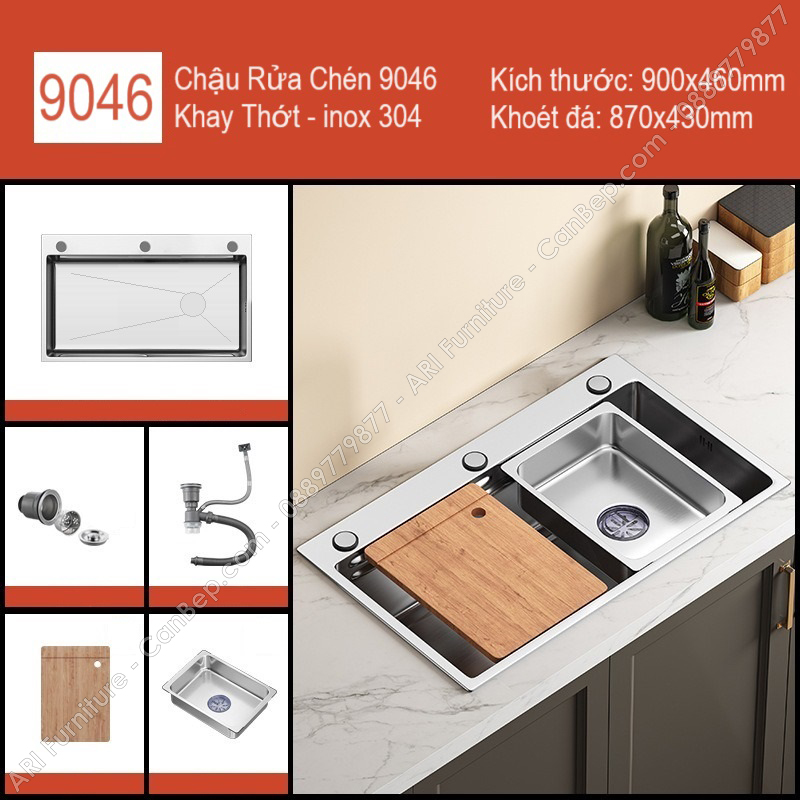 Chậu Rửa Chén 90x46cm Khay Thớt Dày 3.0mm - inox 304