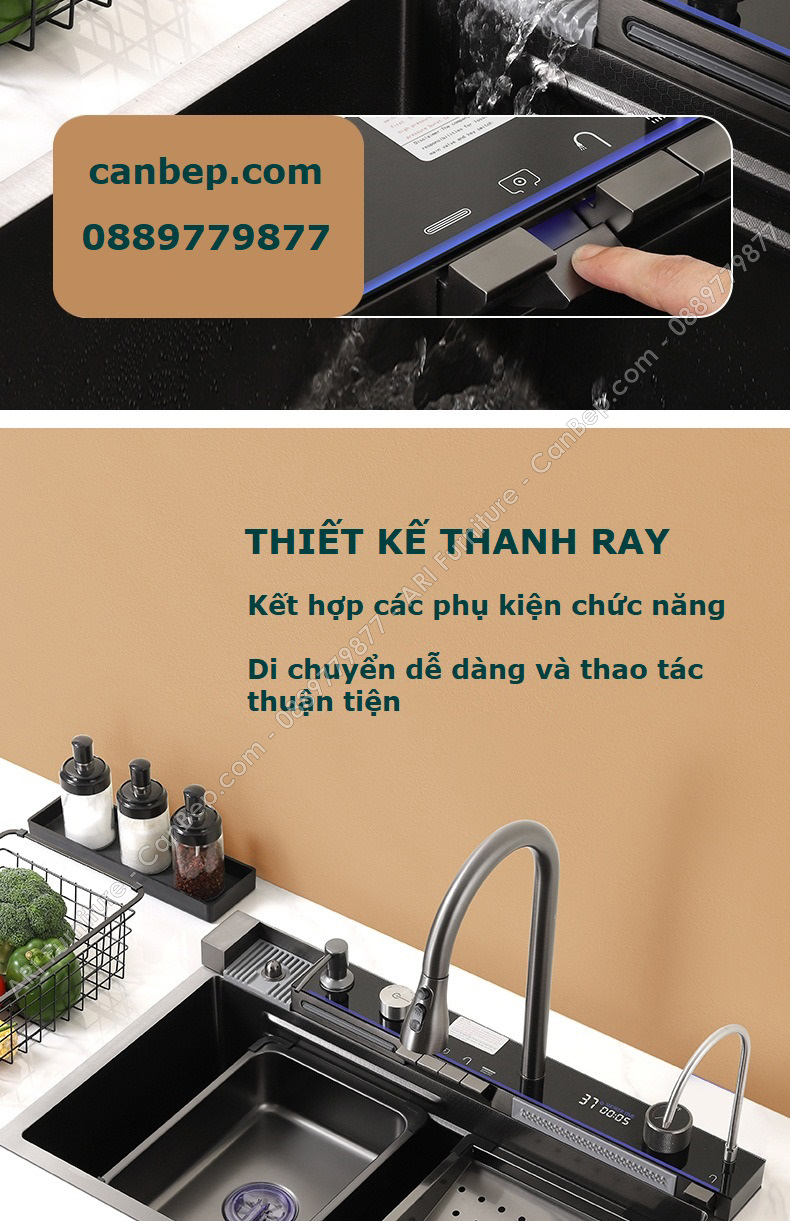 Chậu Rửa Chén 75x46cm 5 Phím Dày 3.0mm - inox 304 Nano Đen