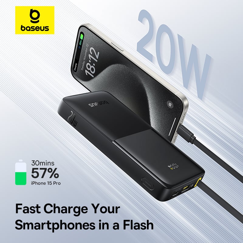 Pin sạc dự phòng OS-Baseus Bipow 2 Digital Display Power Bank With Built-in USB-C Cable 20000mah 20W Moon White