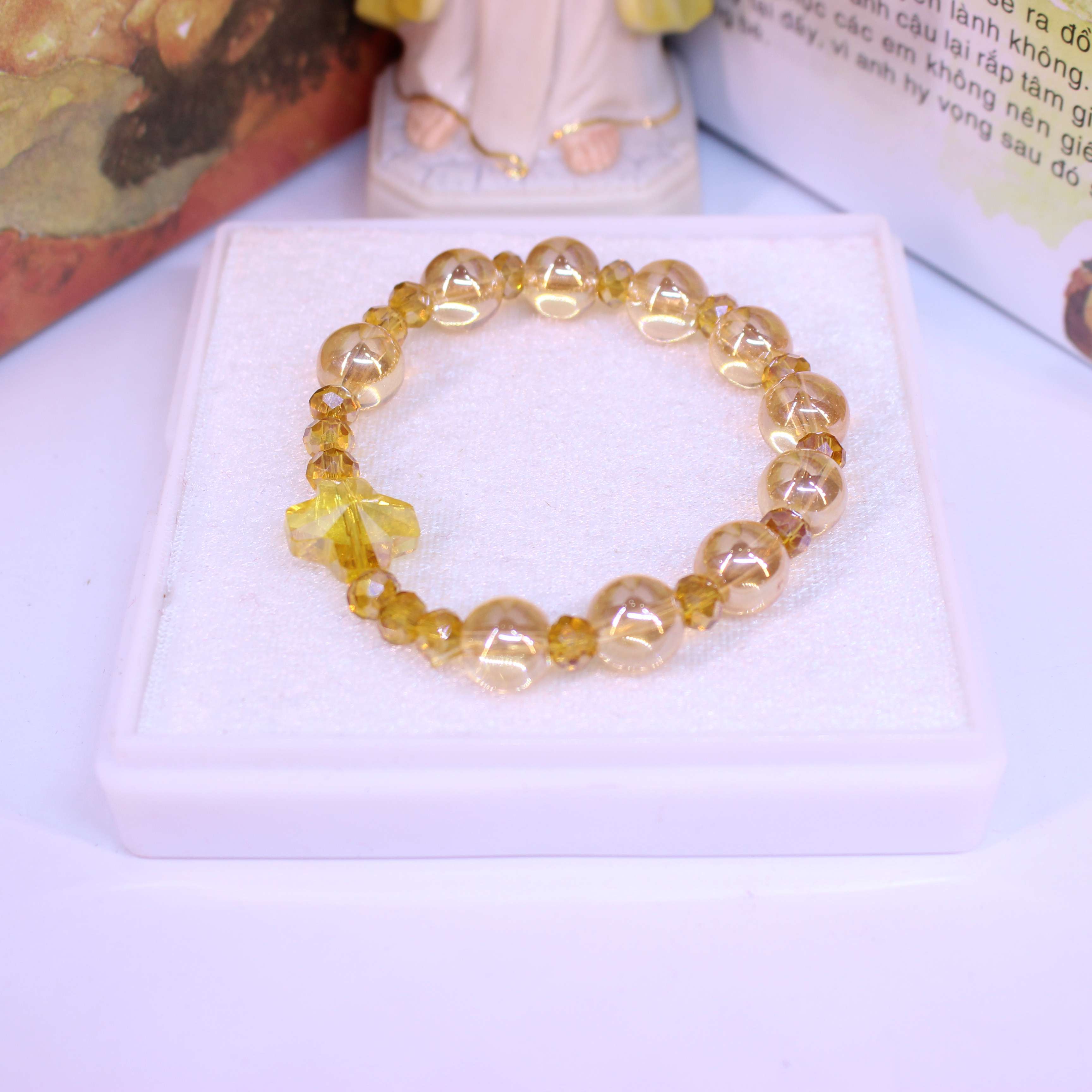 CHUỖI HẠT MÂN CÔI ĐÁ TOPAZ VÀNG MÂT ONG 10LI XEN ĐÁ TOPAZ NHỎ THÁNH GIÁ TAY NỮ XINH XẮN 10 HẠT