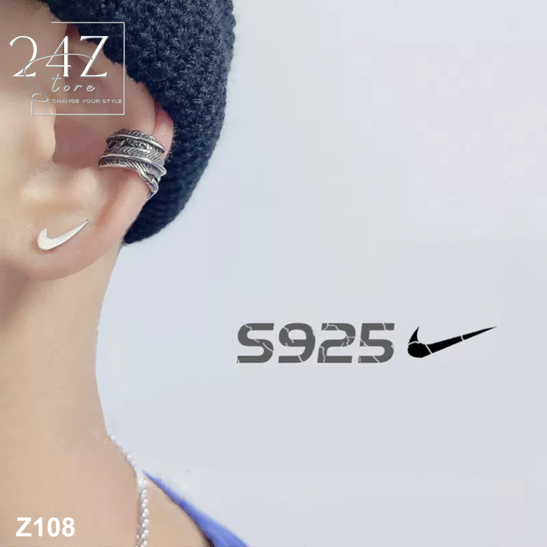 Khuyên tai Nike Bạc S925 Z108 - 2 màu Đen, Bạc (1 chiếc)