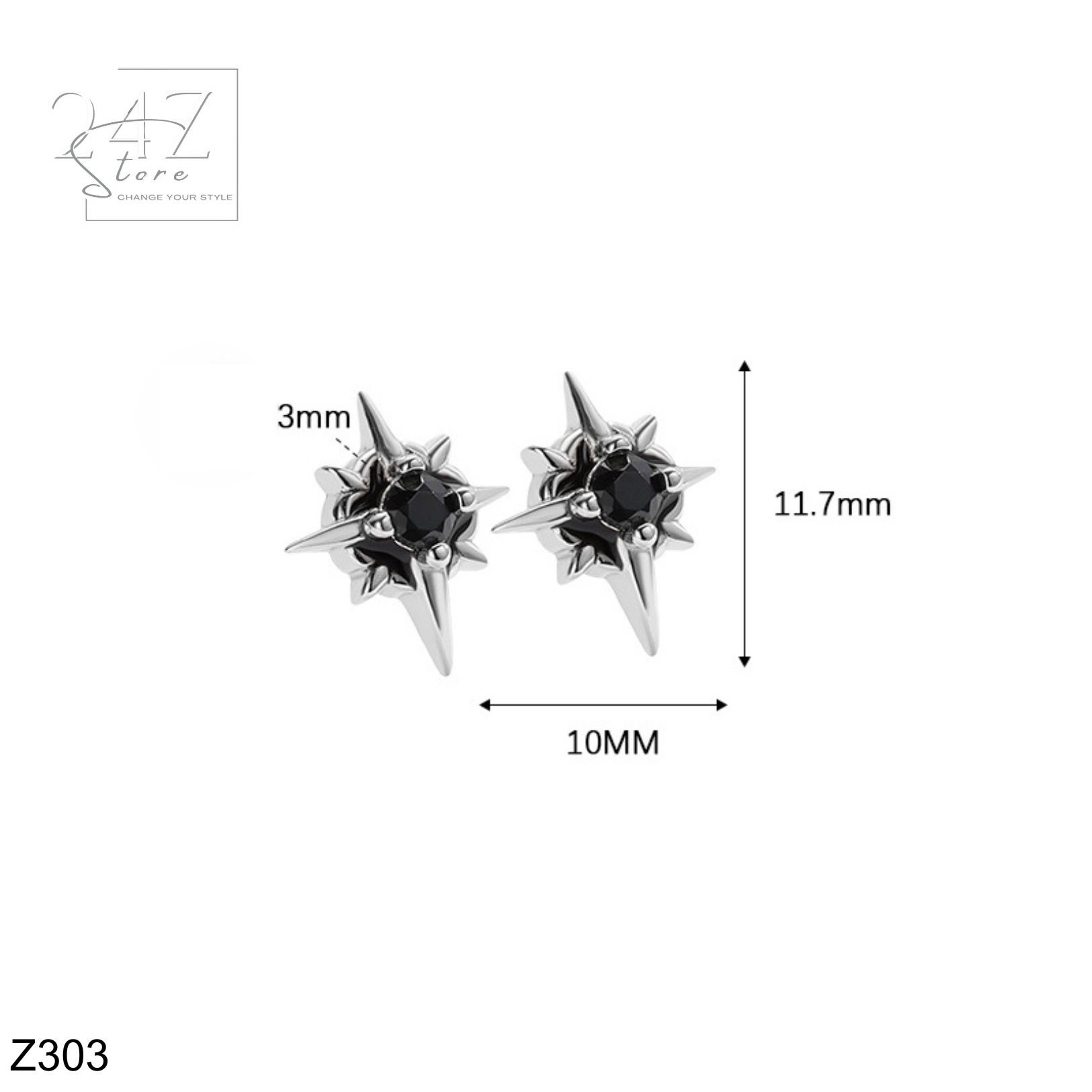 Khuyên tai hoa tiêu 8 cánh Bạc S925 Z303 đính đá đen 3mm 24Z Store (1 chiếc)
