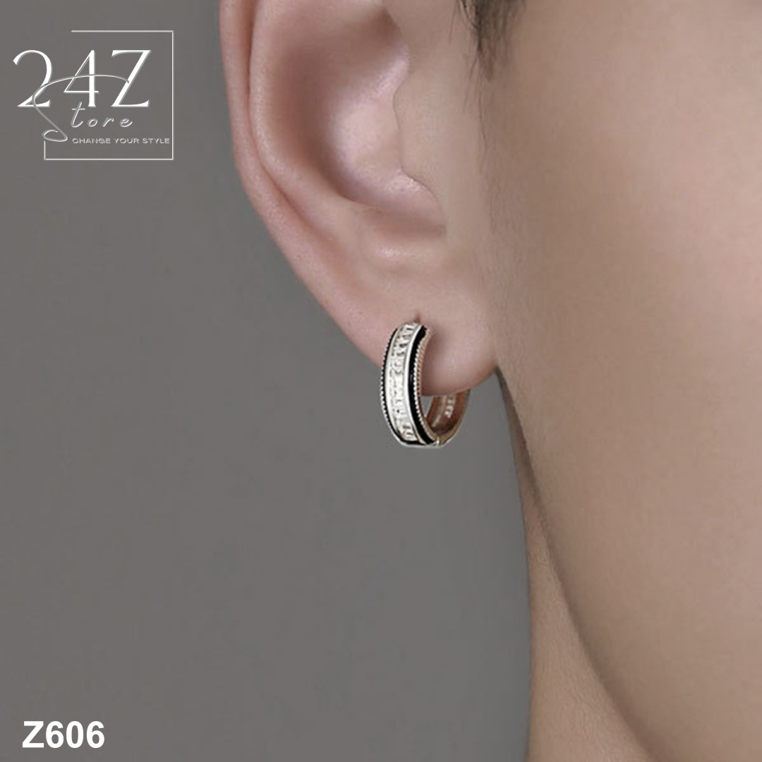 Khuyên tai Nam tròn đen, lát đá dọc Z606 24Z Store (1 chiếc)