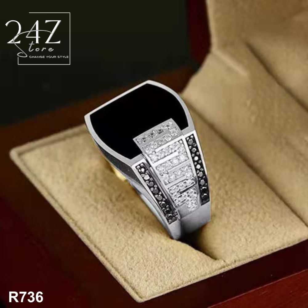 Nhẫn Nam thời trang Mr.Elegant đính đá CZ 8A R736- 2 màu Vàng, Bạc