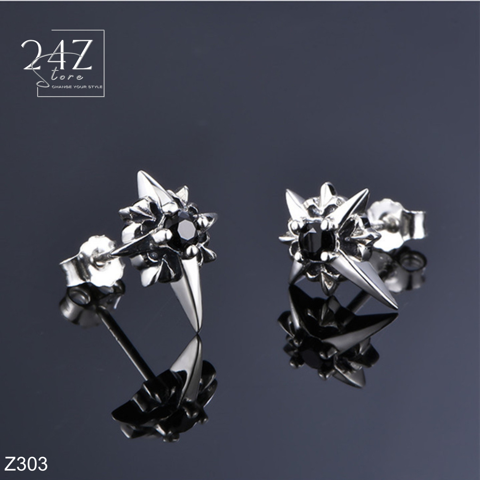 Khuyên tai hoa tiêu 8 cánh Bạc S925 Z303 đính đá đen 3mm 24Z Store (1 chiếc)
