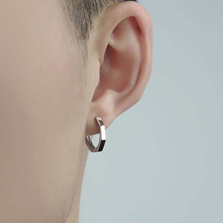 Khuyên Nam Đa Giác Bạc S925 2 màu đen, bạc 24Z Store (1 chiếc)
