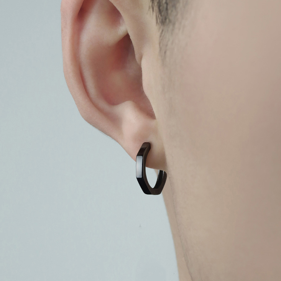 Khuyên Nam Đa Giác Bạc S925 2 màu đen, bạc 24Z Store (1 chiếc)