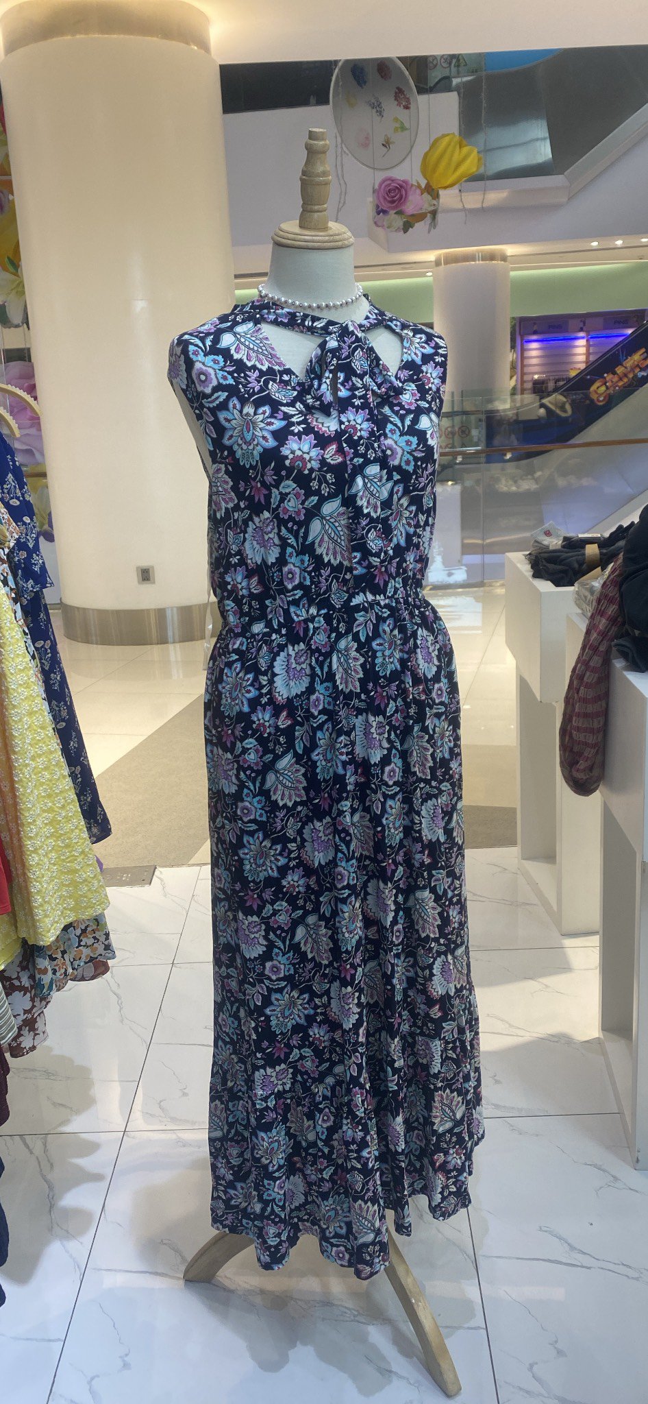 Đầm maxi hoa nơ cổ thun lạnh rayon