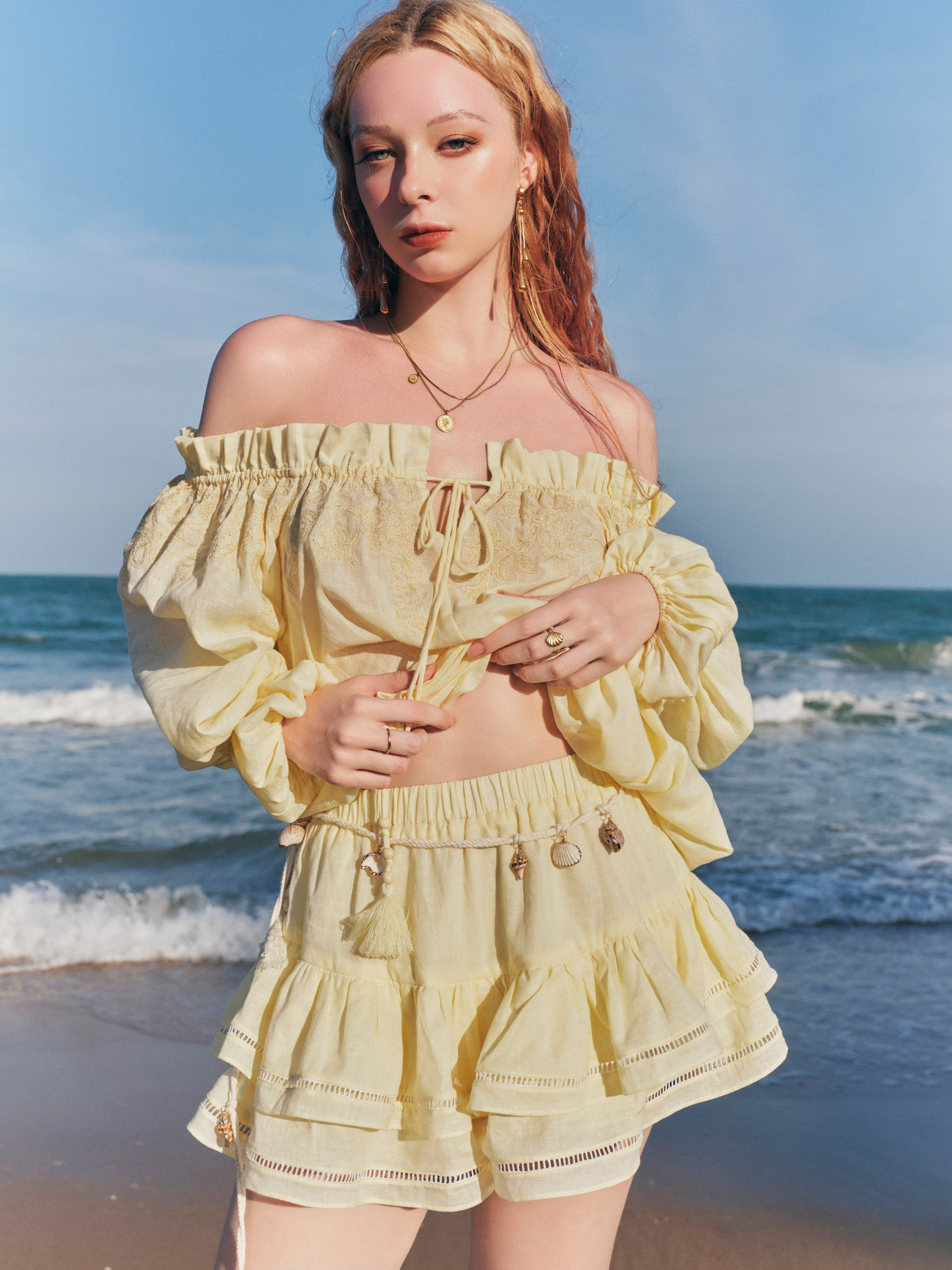 YELLOW OFF-SHOULER LINEN SHIRT