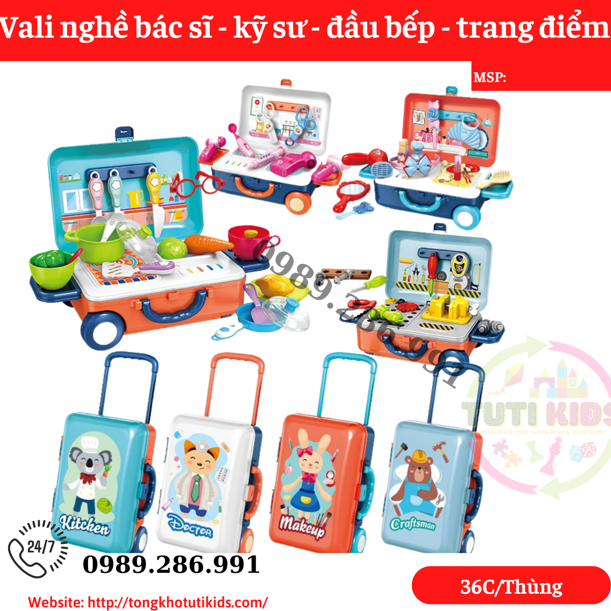 Vali nghề( 4 nghề nấu ăn, kỹ thuật, bác sỹ, trang điểm) 678(36 bộ/thùng)