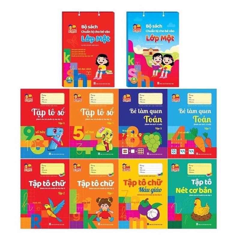 Bộ hành trang cho bé vào lớp 1, bộ 10 cuốn tặng kèm 2 bút chì, 1 gọt bút và 1 tẩy