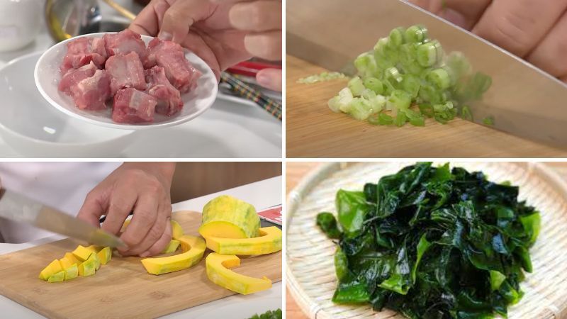 sơ chế nguyên liệu nấu canh sườn rong biển bí đỏ