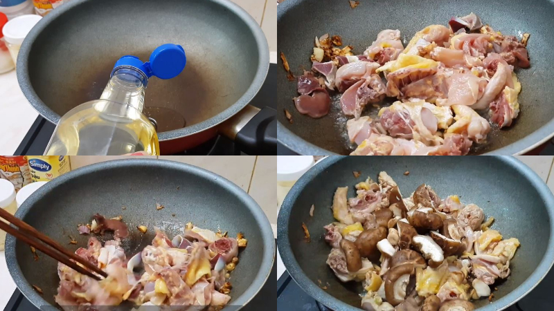 Xào thịt gà trước khi ninh