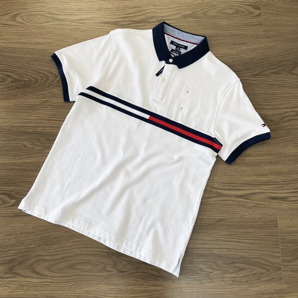 Áo Polo Tommy Trắng Cổ Navy
