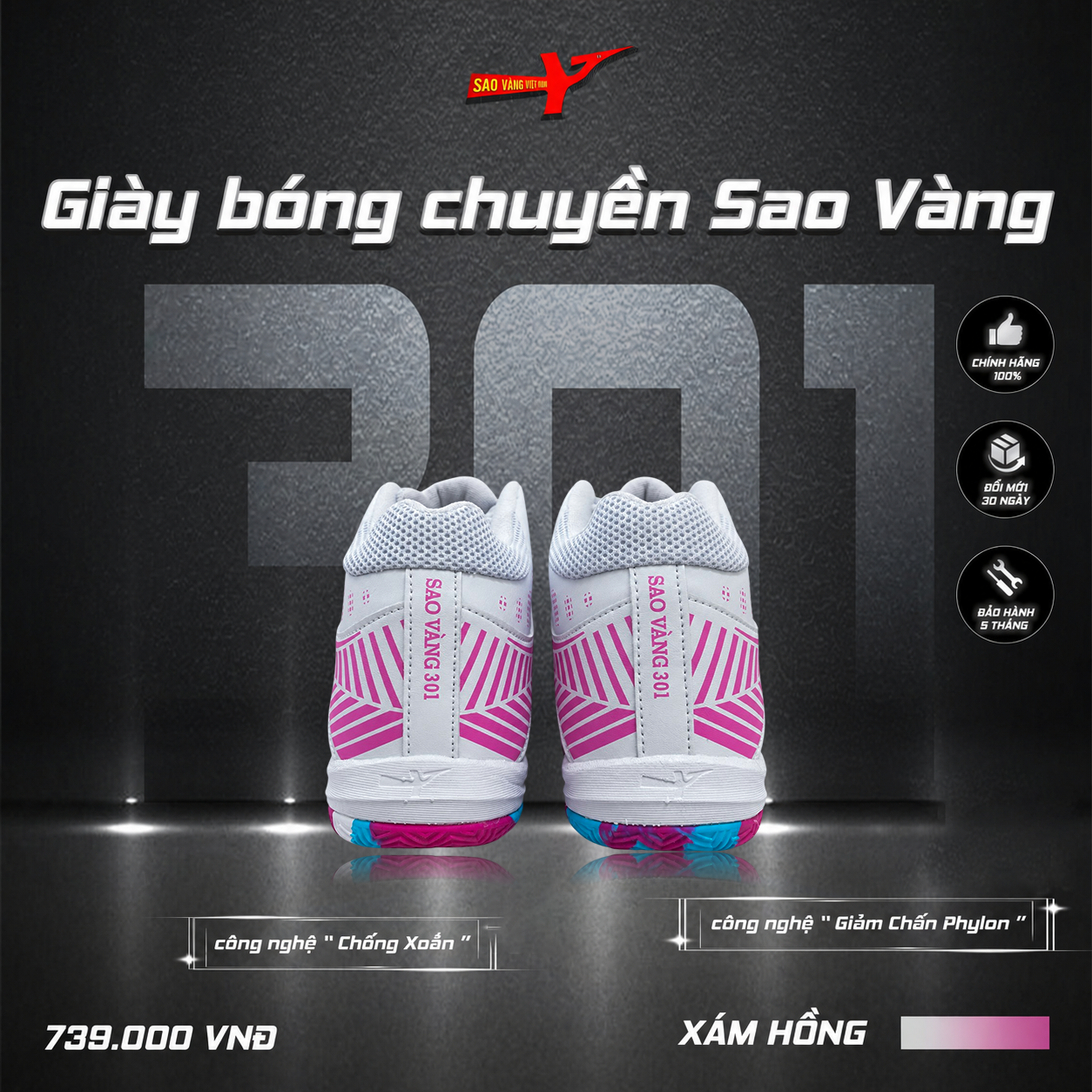 SAO VÀNG 301 XÁM HỒNG ĐẾ MỚI - FREESHIP VÀ TẶNG KÈM 1 ĐÔI TẤT