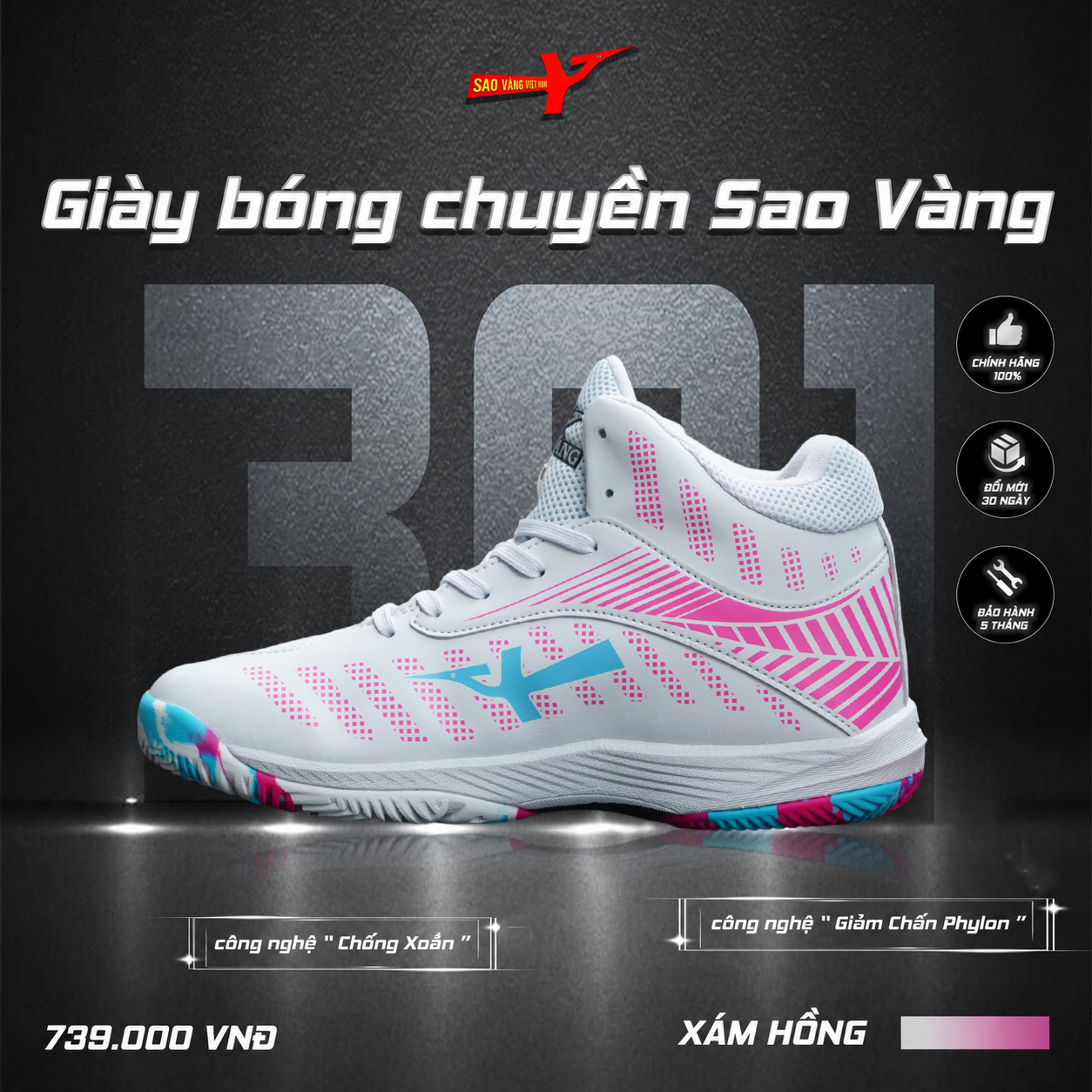 SAO VÀNG 301 XÁM HỒNG ĐẾ MỚI - FREESHIP VÀ TẶNG KÈM 1 ĐÔI TẤT