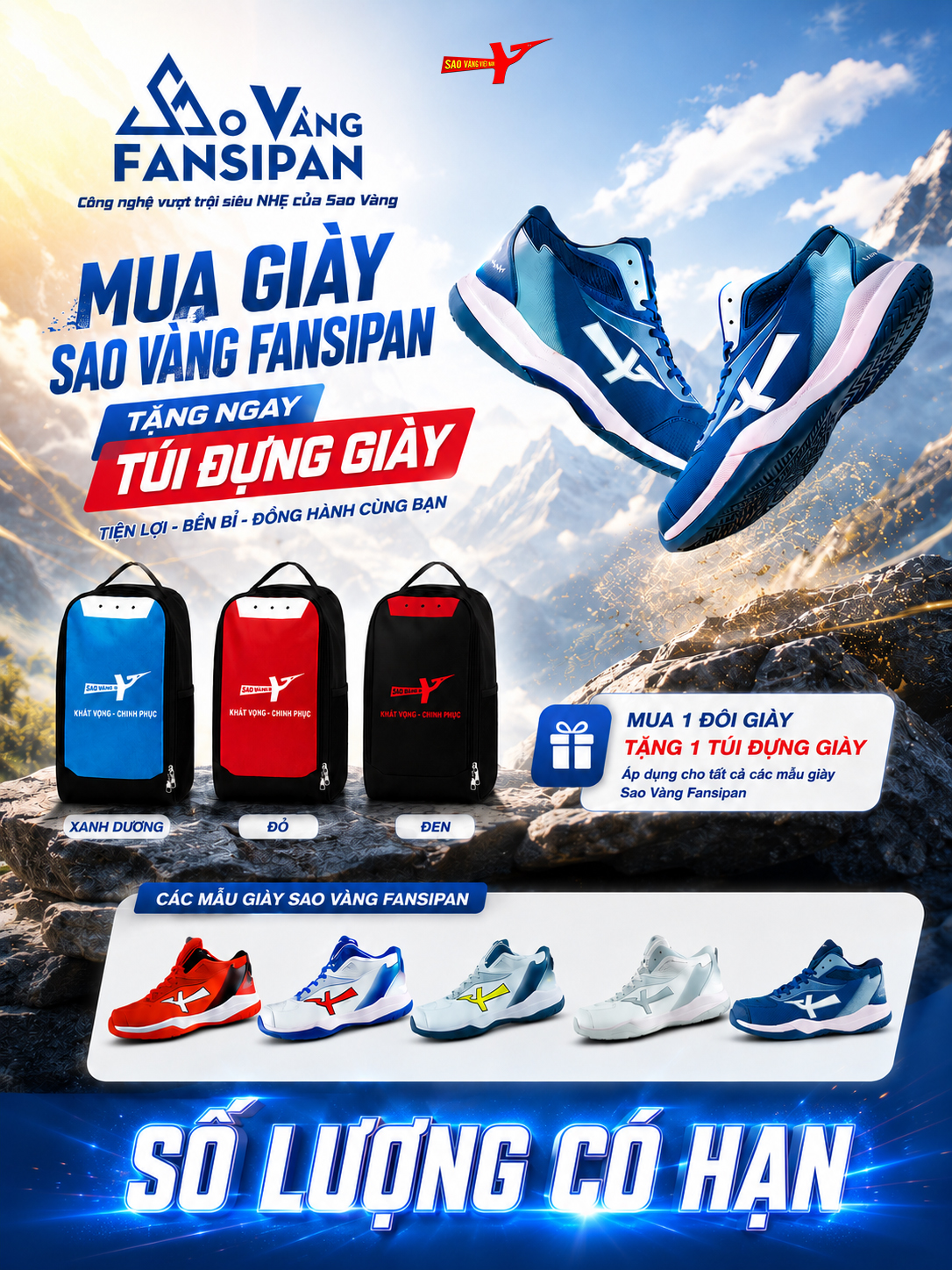 Giày bóng chuyền Sao Vàng Fansipan - Tặng túi đựng giày