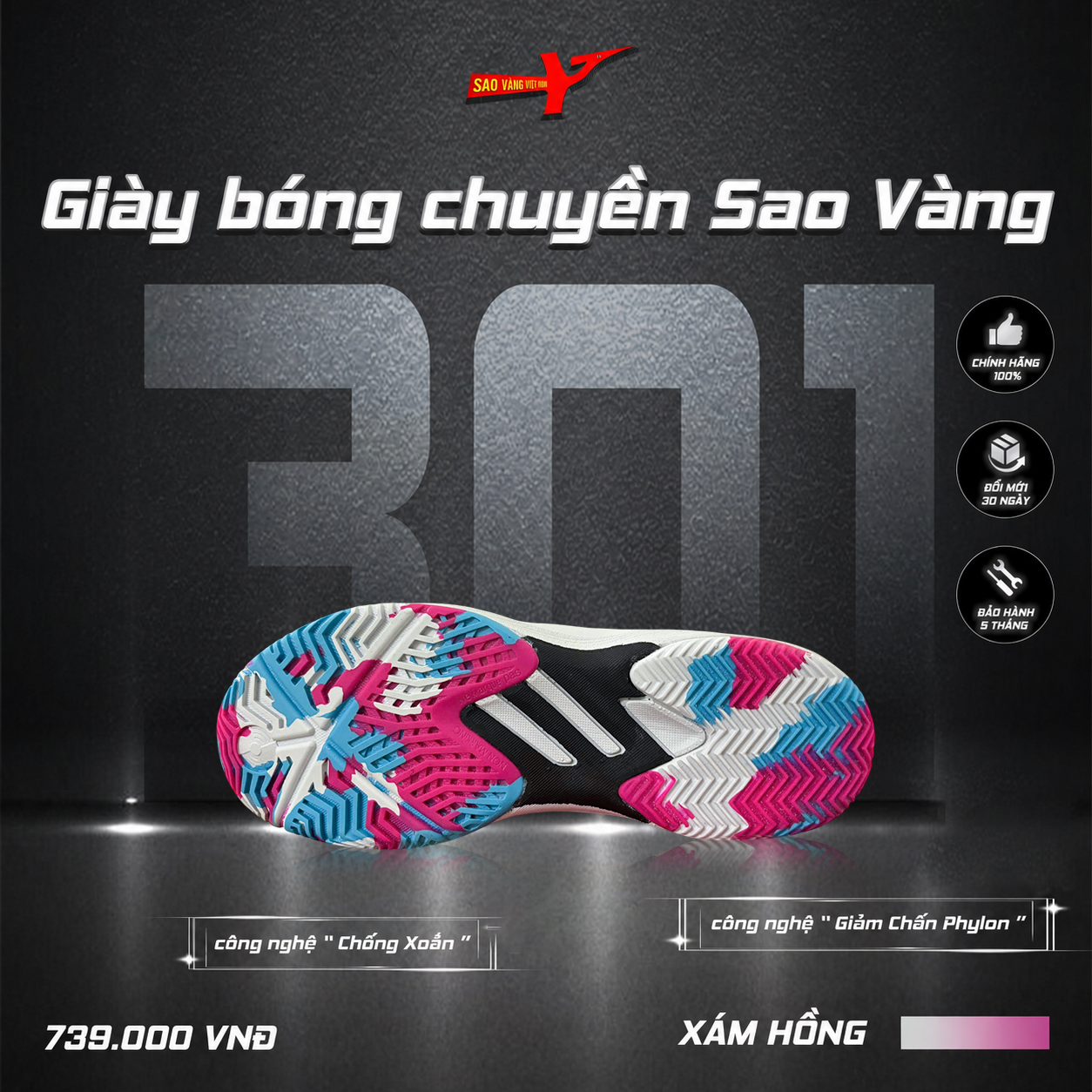 SAO VÀNG 301 XÁM HỒNG ĐẾ MỚI - FREESHIP VÀ TẶNG KÈM 1 ĐÔI TẤT
